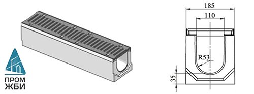 Лоток водоотводный DN 110 Н 180 «ГеммаДренаж» в комплекте с чугунной решеткой ВЧ-50