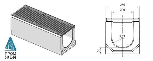 Лоток водоотводный DN 200 Н 280 «ГеммаДренаж» в комплекте с чугунной решеткой ВЧ-50