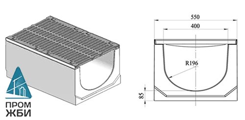 Лоток водоотводный DN 400 Н 550 «ГеммаДренаж» в комплекте с чугунной решеткой ВЧ-50